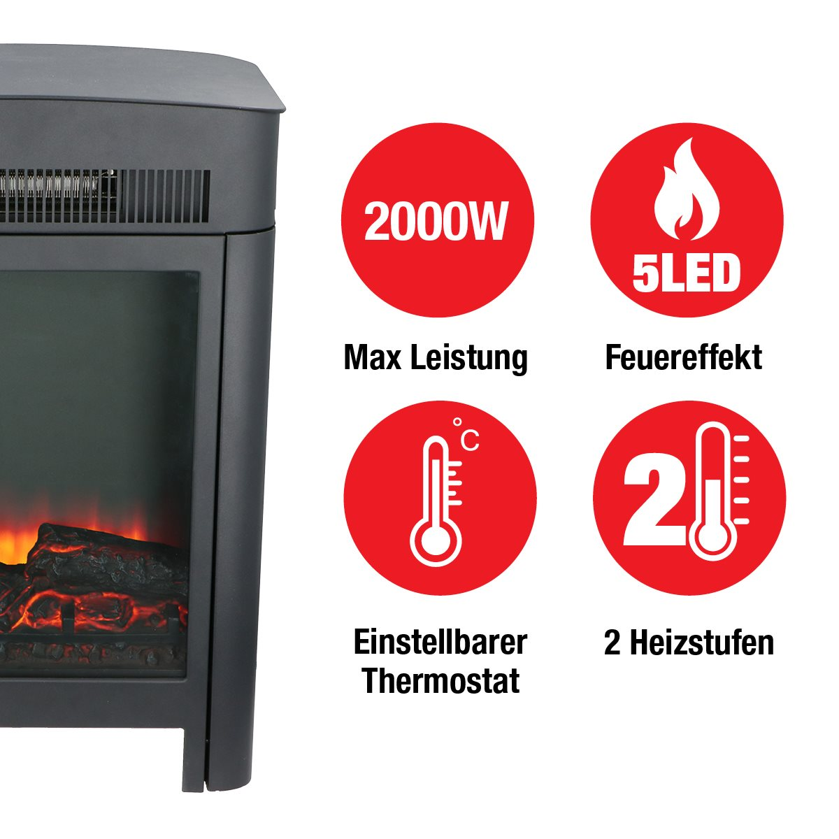 Een zwarte open haard met 4 rode iconen: 2000W, 5LED, thermometer, 2 warmtestanden.