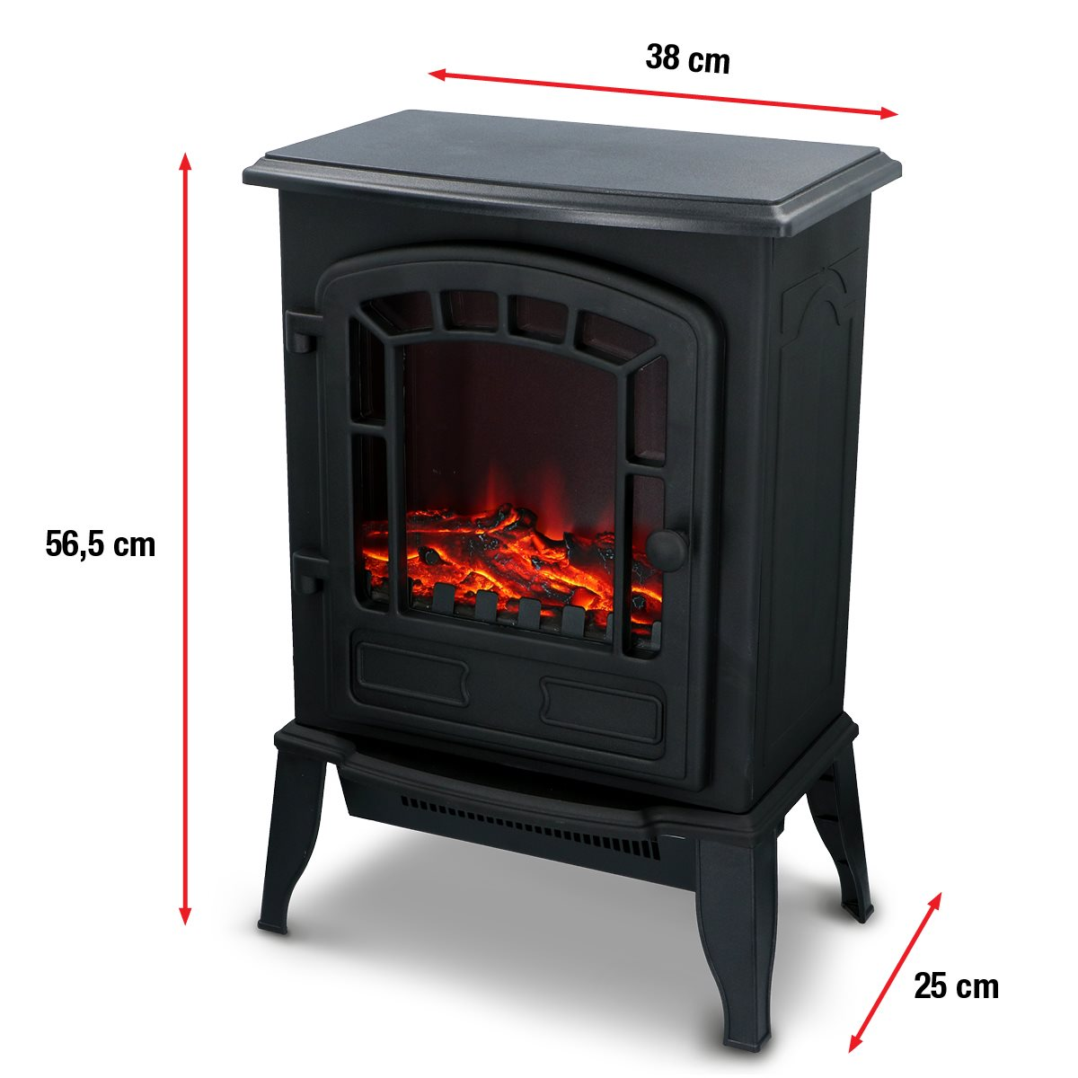 Zwarte elektrische haard met vlammen-effect, 56,5 x 38 x 25 cm.