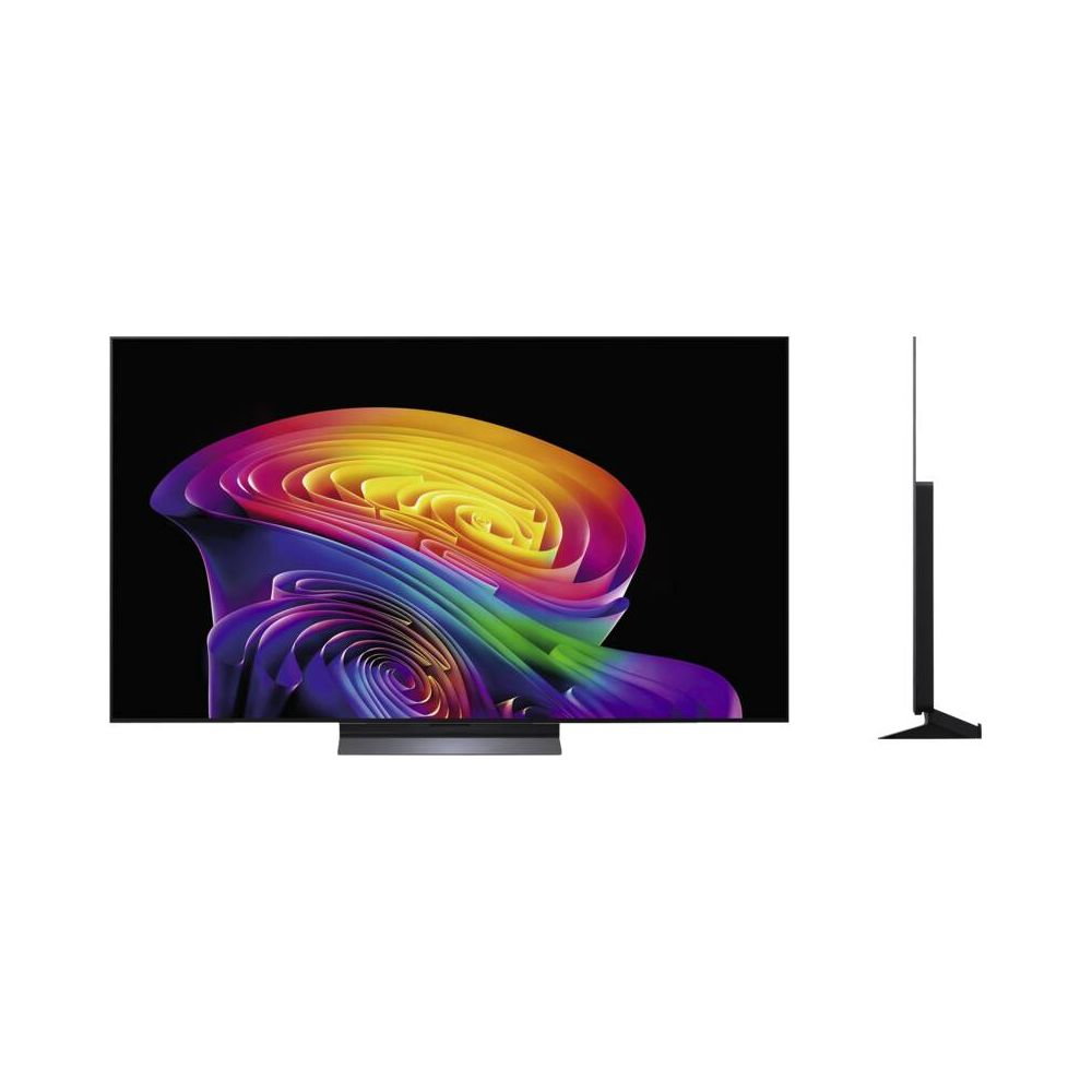 Un téléviseur noir élégant affiche un motif abstrait coloré. Une vue latérale du téléviseur est montrée à côté.