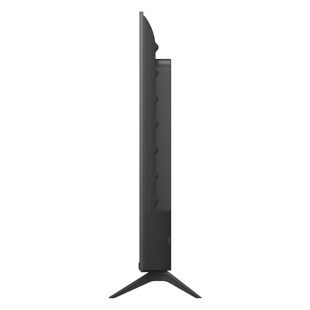 Seitenansicht eines schwarzen Fernsehers mit schmalem Rahmen und einem V-förmigen Standfuß.