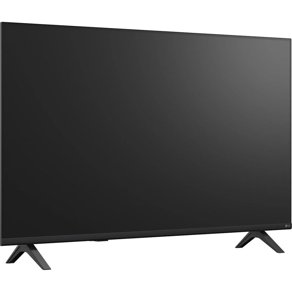 Ein großer, schwarzer LG-Fernseher mit dünnem Rahmen steht auf zwei schwarzen V-förmigen Beinen.