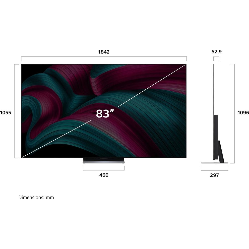 Un téléviseur de 83 pouces avec dimensions : largeur 1842 mm, hauteur 1055 mm, profondeur 52,9 mm.