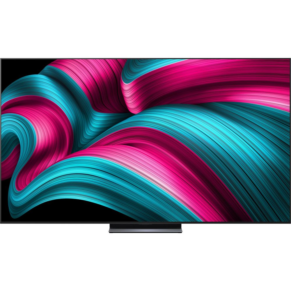Un téléviseur moderne affichant un motif abstrait et fluide rose et turquoise sur son écran.
