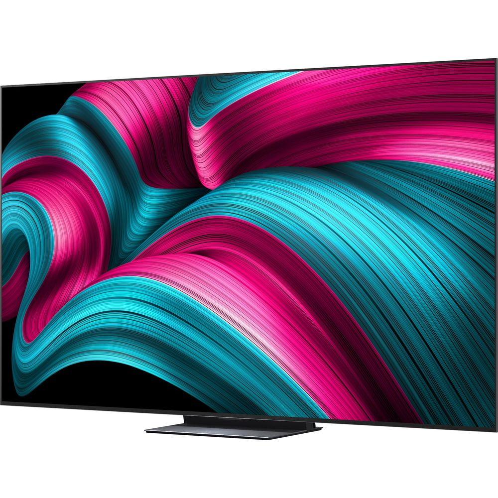 Un téléviseur moderne affichant un motif abstrait tourbillonnant de couleurs rose et turquoise.