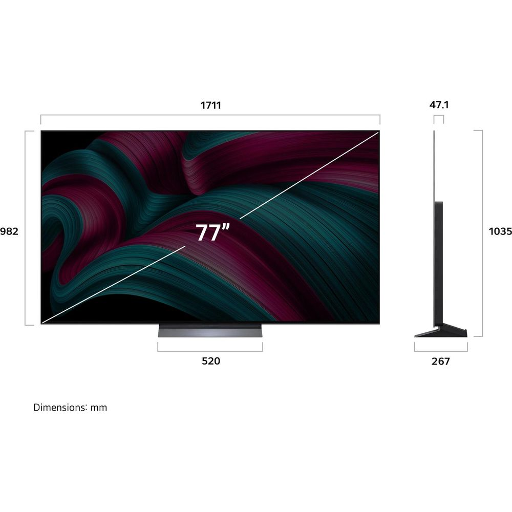 Téléviseur 77 pouces avec dimensions détaillées et fond abstrait.