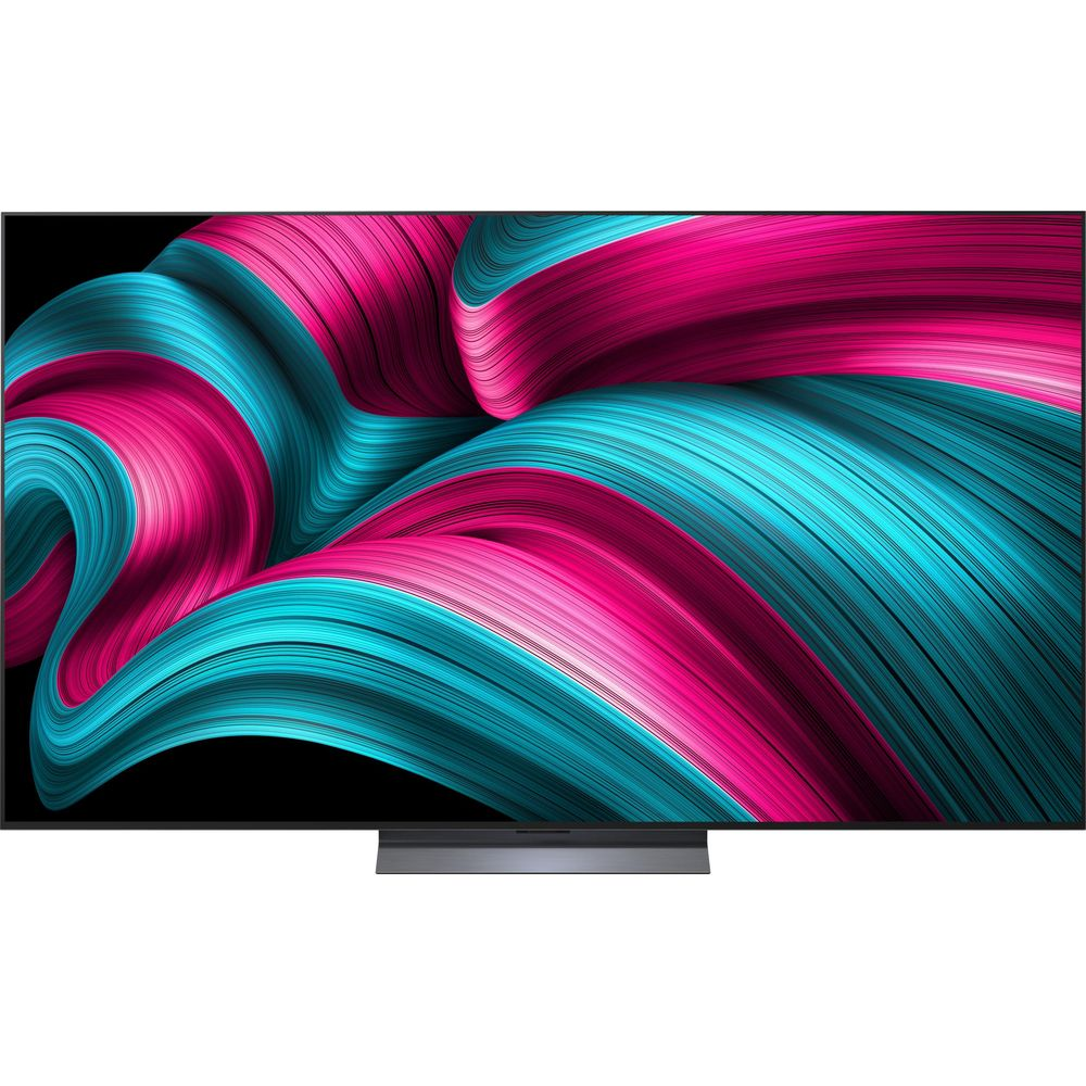 Un téléviseur moderne affichant un motif abstrait et tourbillonnant de bleu et de rose sur son écran.