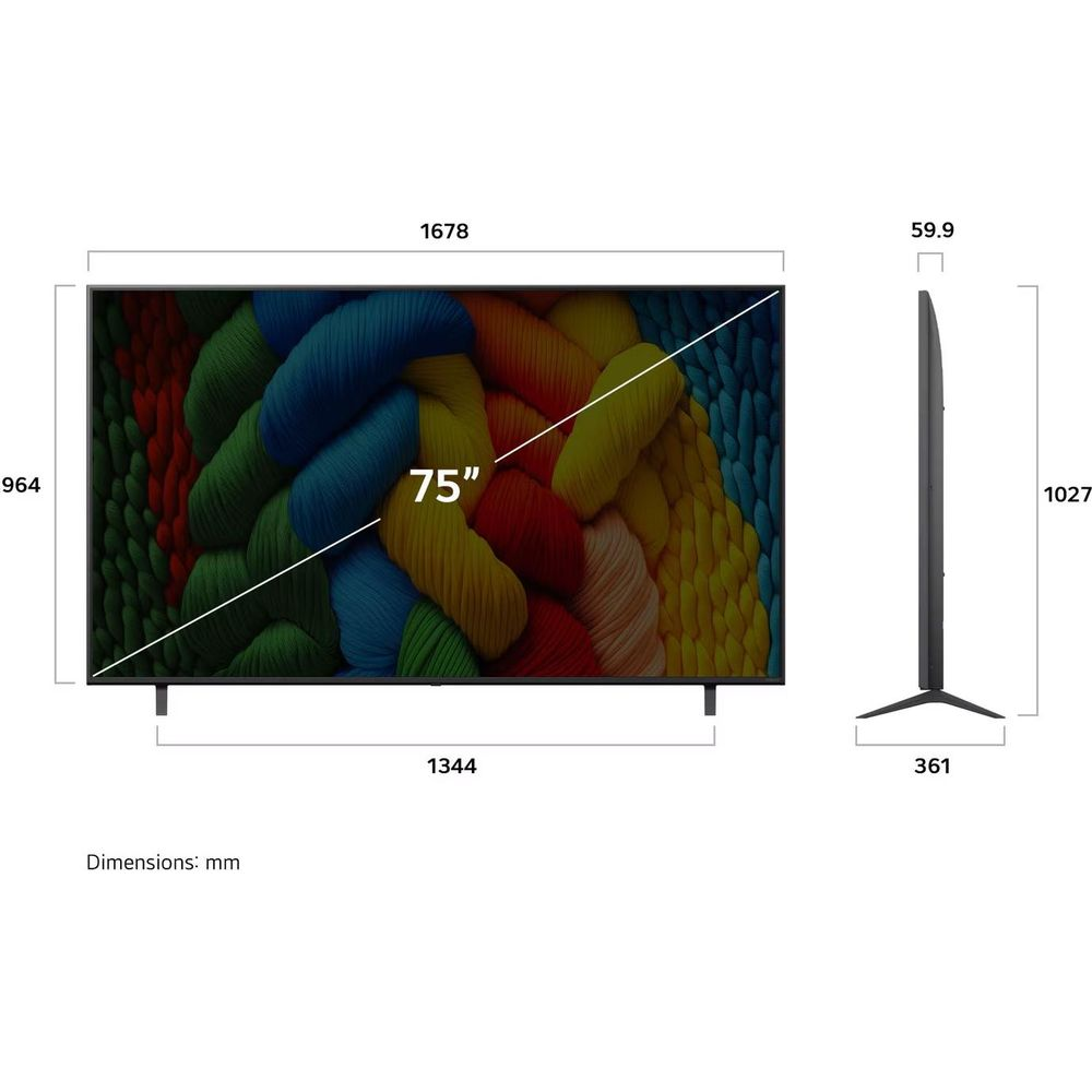 TV da 75 pollici con immagine colorata e dimensioni in mm.