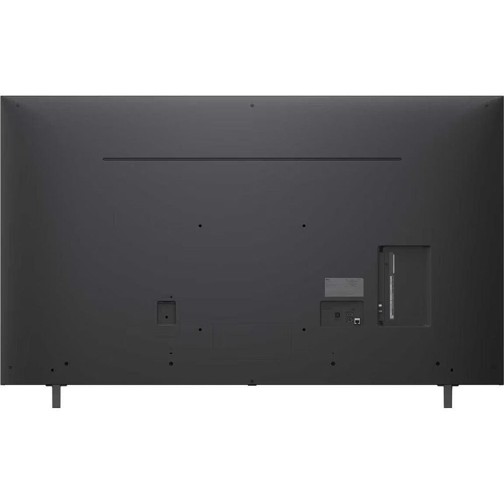 Retro di un televisore nero con piedini di supporto e porte.