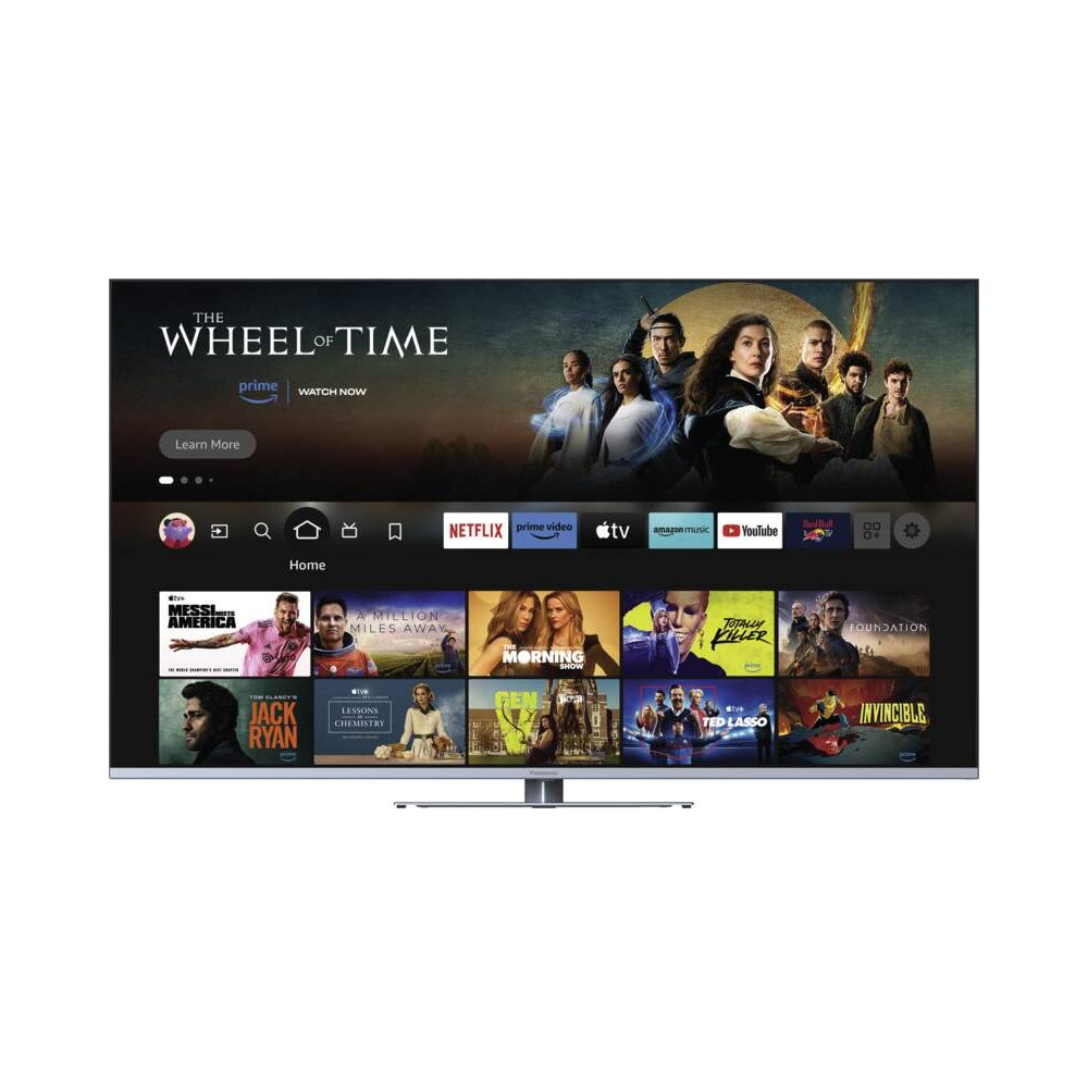 Ein Fernsehbildschirm zeigt die Startseite einer Streaming-App mit Filmen und Serien.