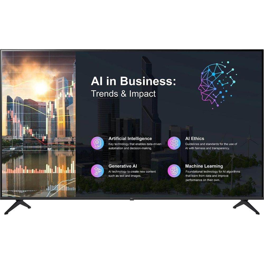 Schermo mostra AI nel Business: Tendenze e Impatto con icone per Etica AI, ML, Gen AI e AI.