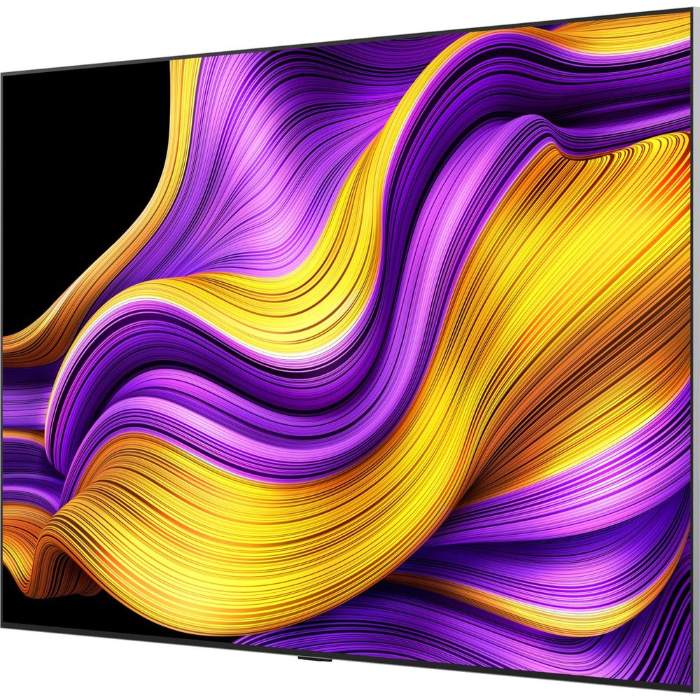 Un écran de télévision affiche un motif abstrait de lignes violettes et jaunes fluides.