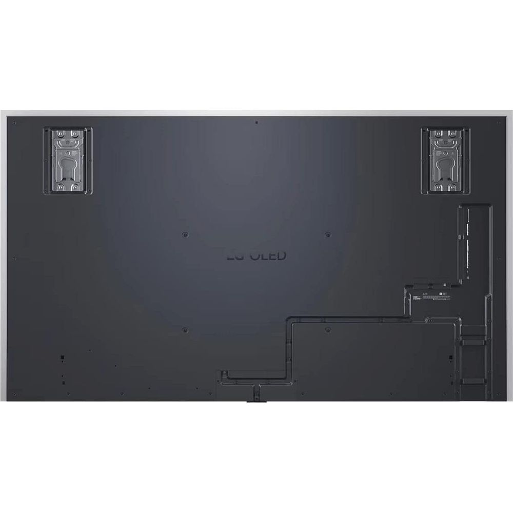 Arrière d'une grande TV noire avec logo LG OLED et points de fixation murale.