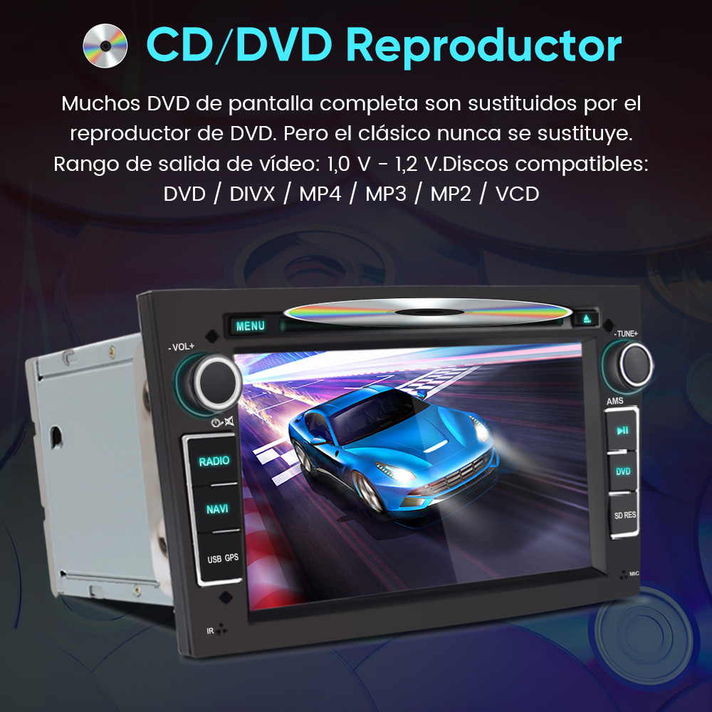 Radio de coche con reproductor CD/DVD, muestra un coche deportivo azul.