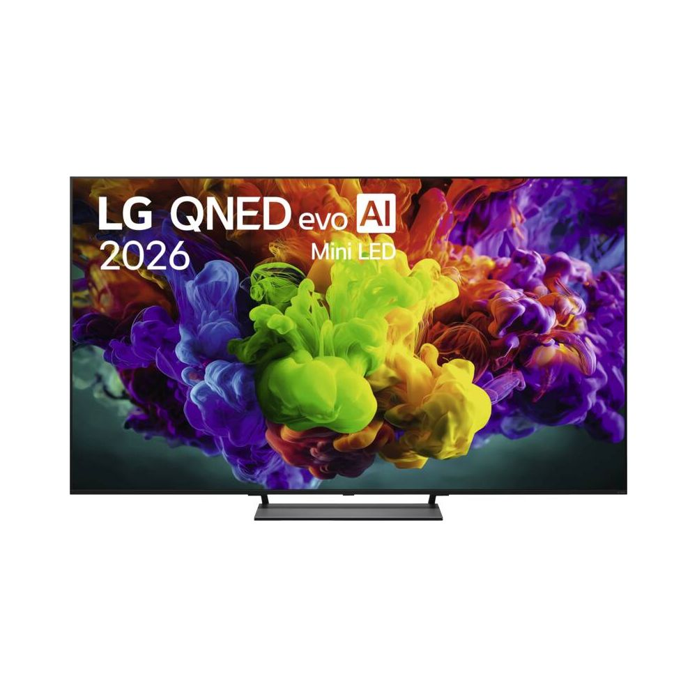 TV LG QNED evo AI 2026 Mini LED avec explosion de fumée colorée sur l'écran.