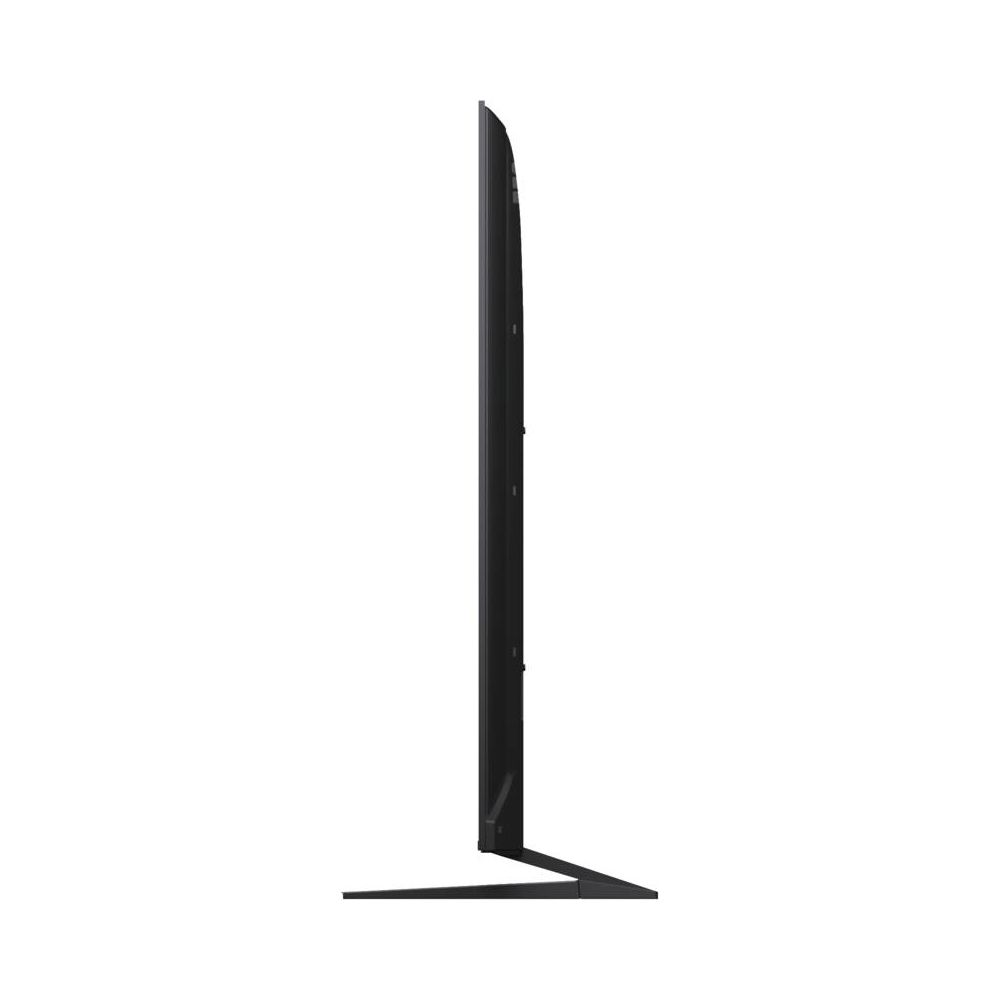 Un téléviseur noir et fin avec un pied étroit, vu de côté.
