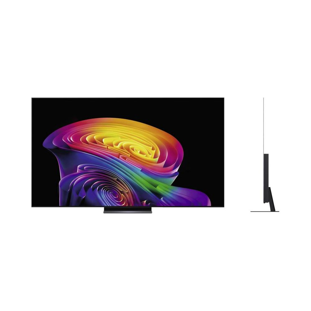 Un téléviseur élégant affichant une image abstraite aux couleurs de l'arc-en-ciel.