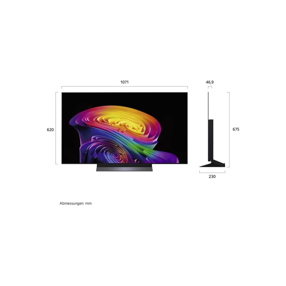 Un téléviseur moderne affichant une image abstraite colorée. Les dimensions sont indiquées.