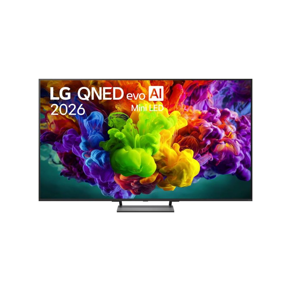 TV LG QNED evo AI 2026 Mini LED avec arrière-plan graphique de fumée colorée.