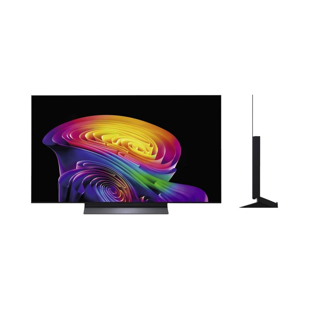 Une télévision noire moderne affichant une image colorée et tourbillonnante à l'écran.