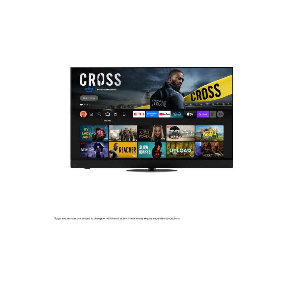 Un écran de télévision affiche la page d'accueil d'une application de streaming avec des titres et logos.