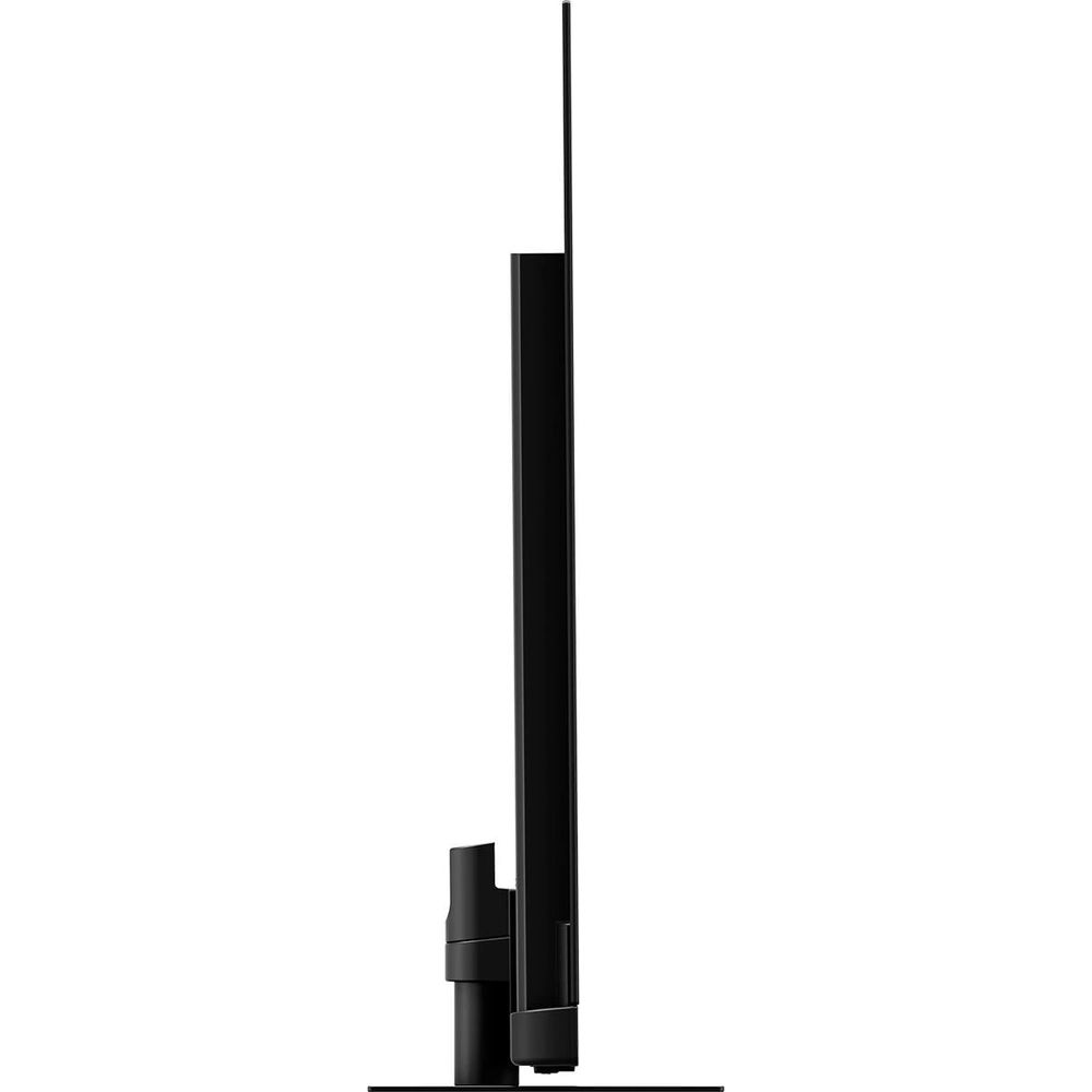 Vue de côté d'un téléviseur noir fin et élégant avec un support minimaliste.
