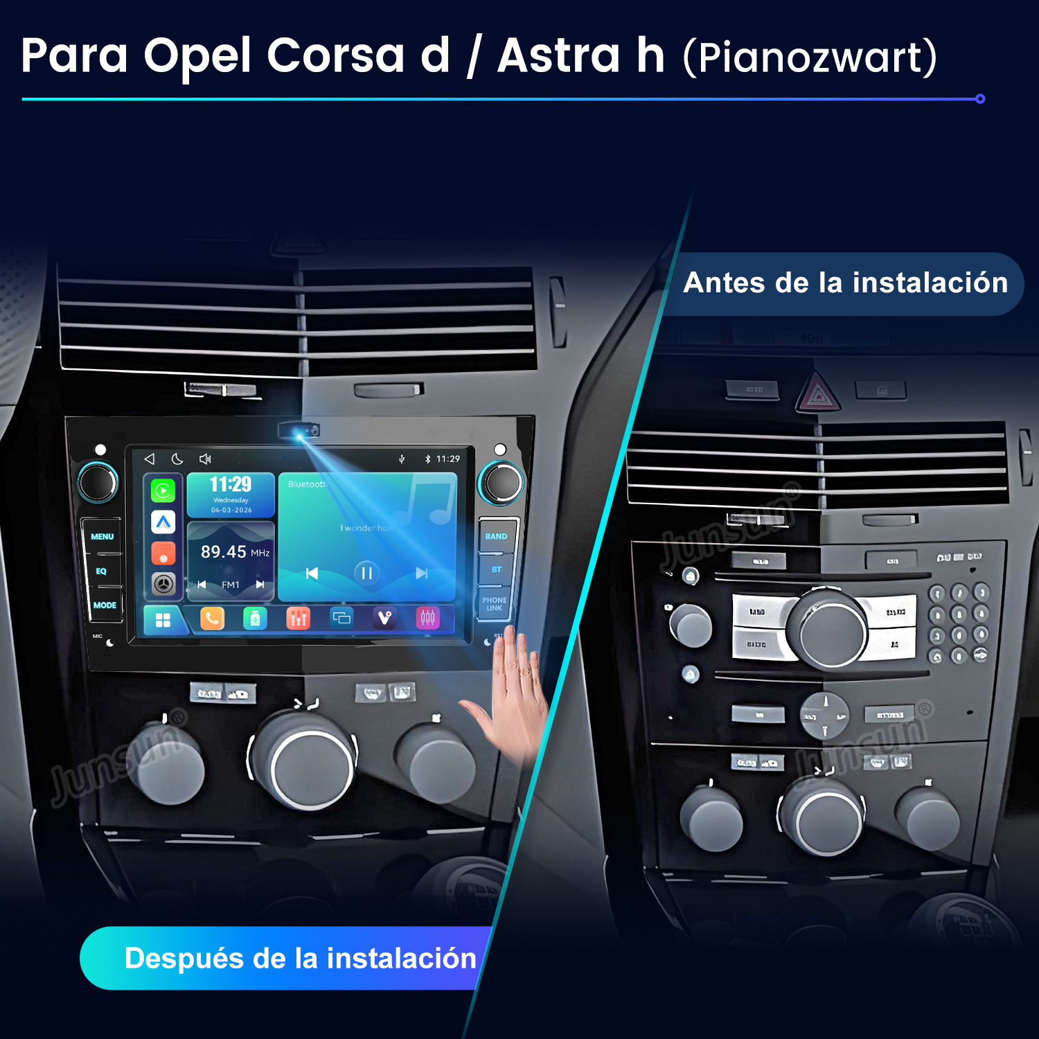 Comparación antes y después de una radio de coche para Opel Corsa/Astra.
