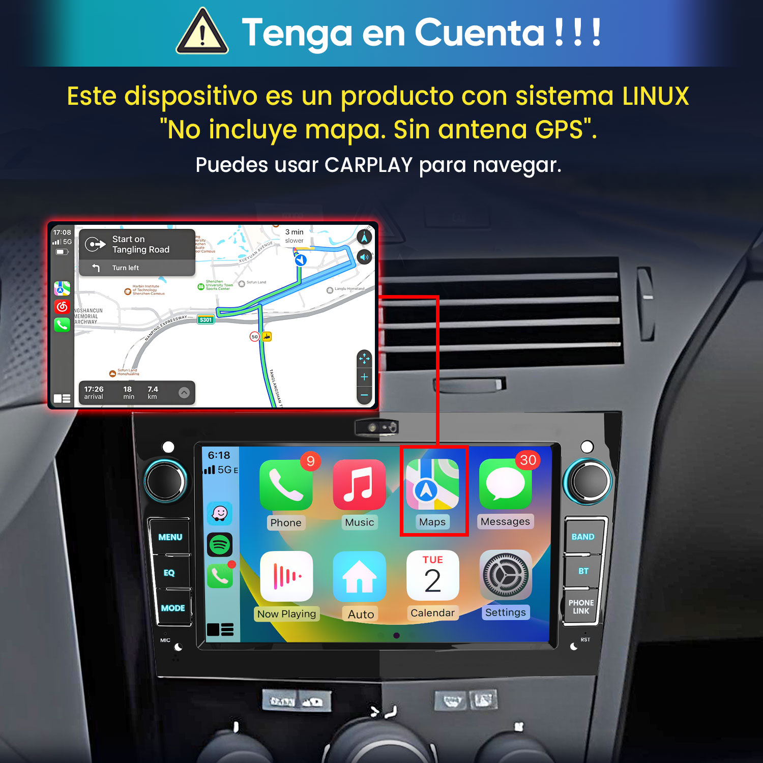 Un sistema de infoentretenimiento para coche muestra un mapa de navegación.