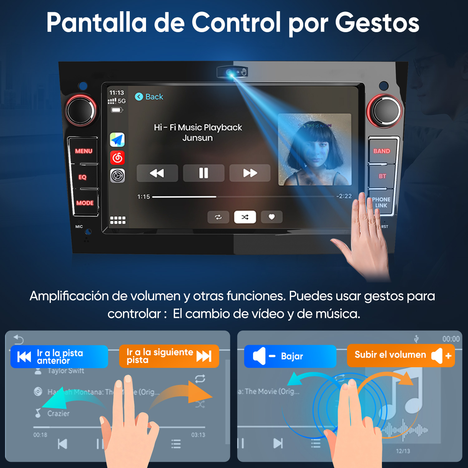 Control por gestos en pantalla de autorradio con reproducción de música y ajuste de volumen.