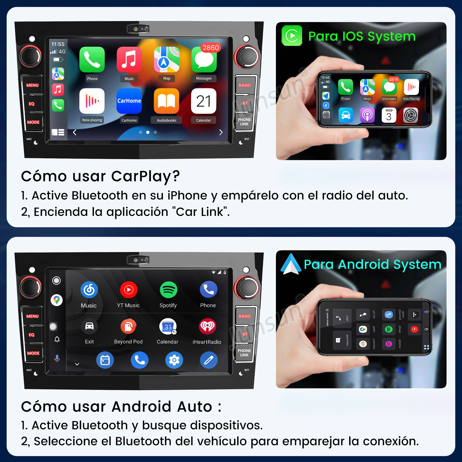 Pantallas CarPlay y Android Auto con apps e instrucciones.