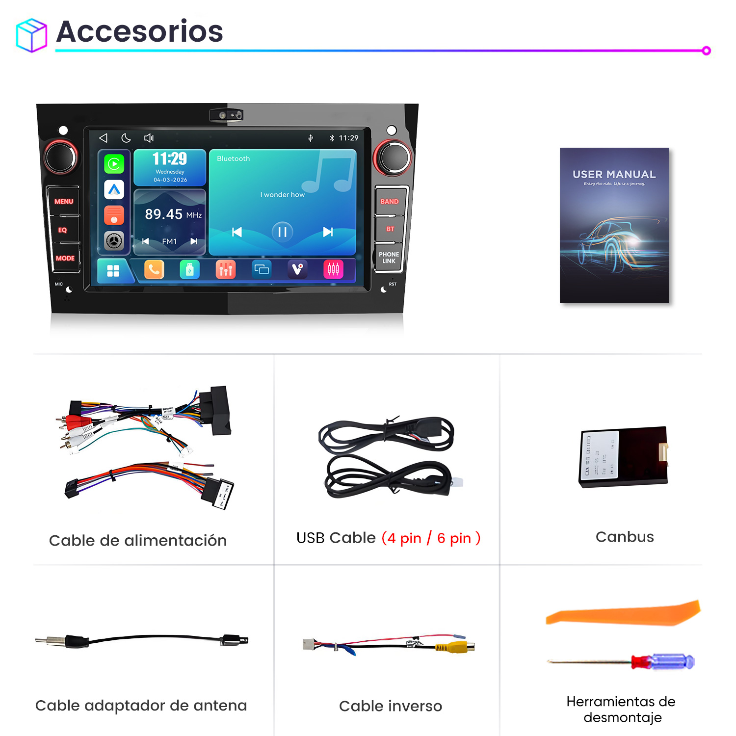 Accesorios: Radio de coche, cables, canbus y herramientas.