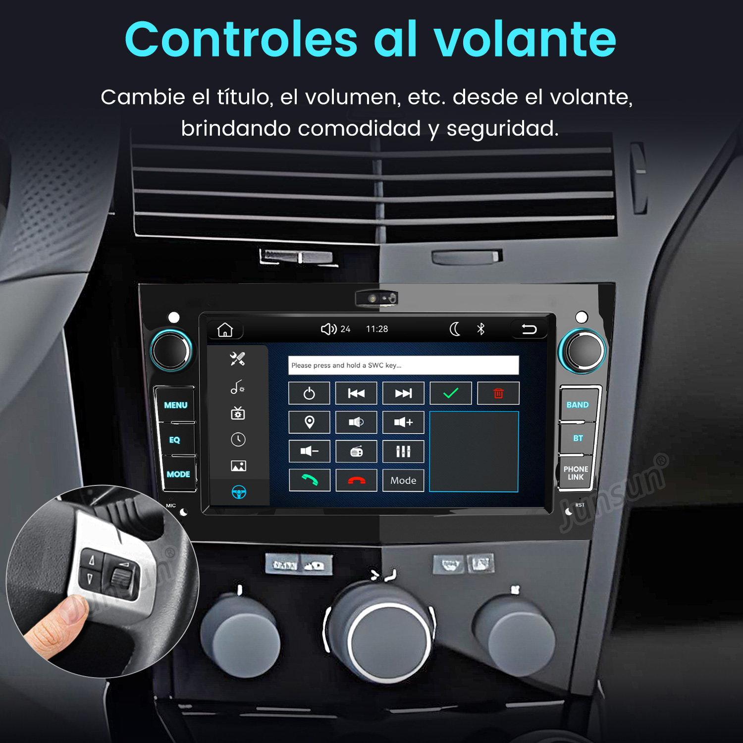 La pantalla de un autorradio muestra iconos de control del volante y opciones multimedia.