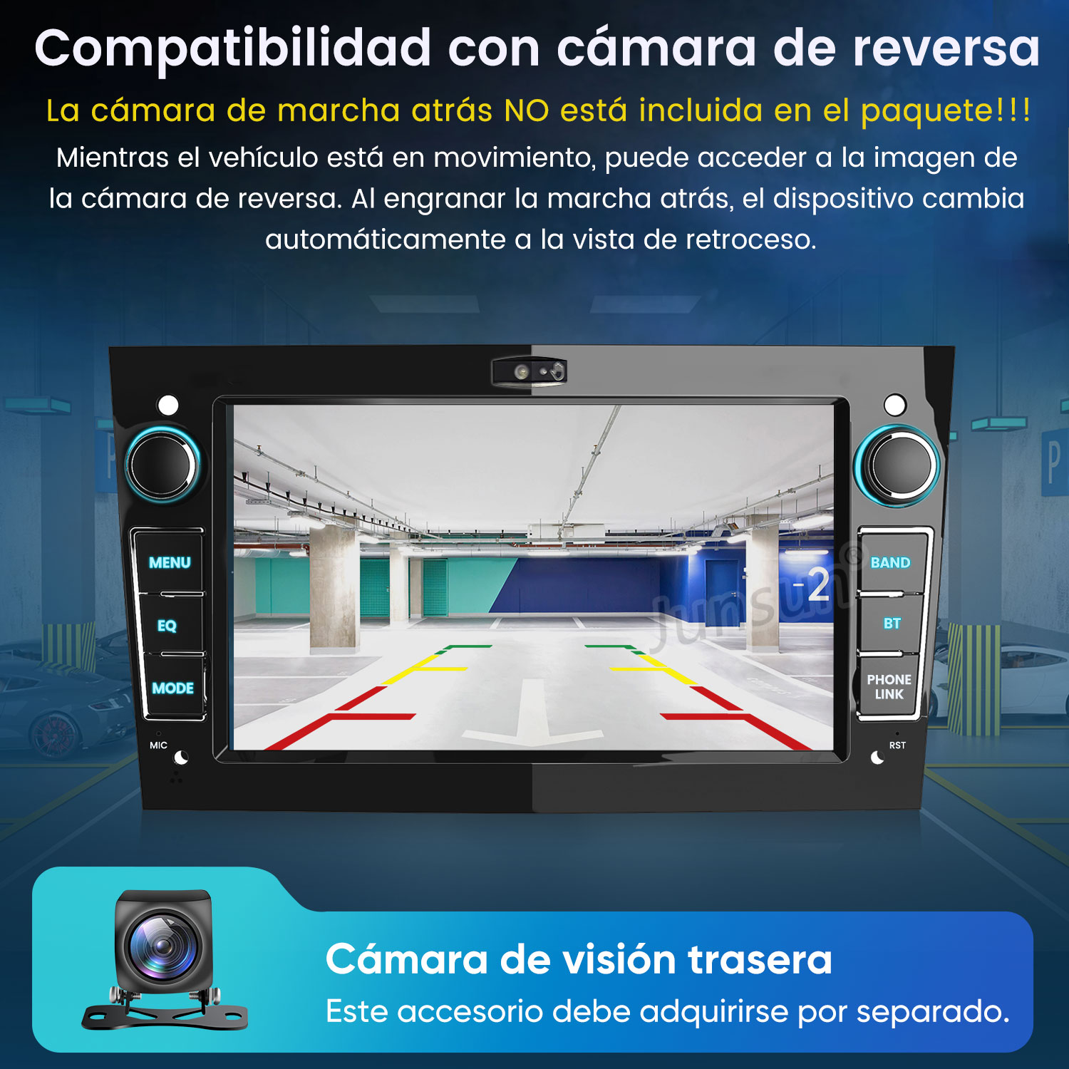 Un estéreo de coche muestra una vista de cámara de marcha atrás con líneas.