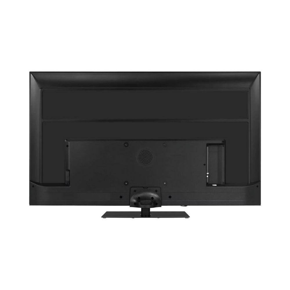 Retro di un televisore nero con supporto, porte e griglia altoparlante.