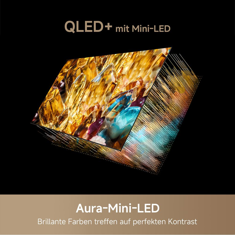 Un téléviseur QLED+ avec technologie Mini-LED, montrant des cristaux abstraits colorés.