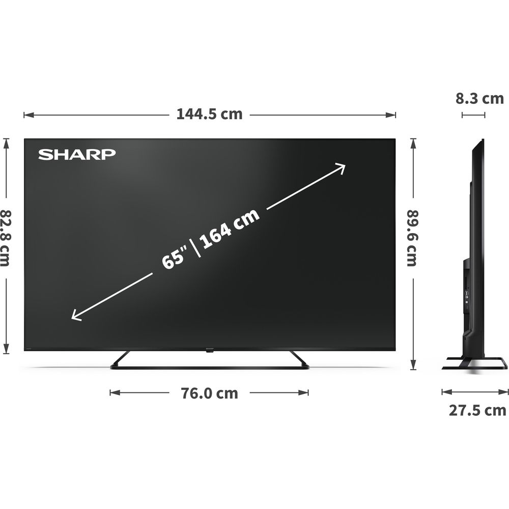 Un TV Sharp de 65 pouces avec dimensions : 144,5 cm largeur, 82,8 cm hauteur.