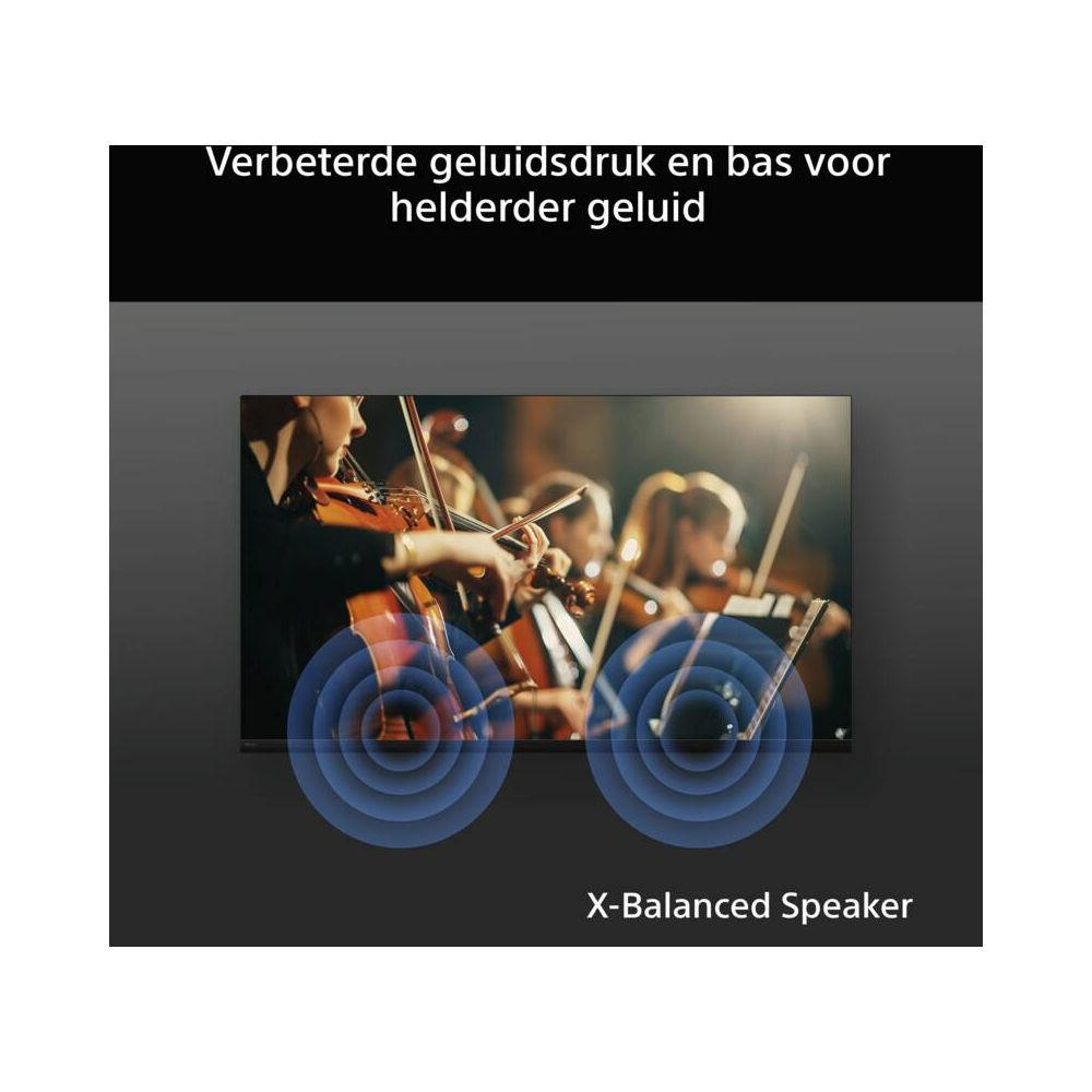 Orchester spielt Geige mit visuellen Schallwellen und Text.