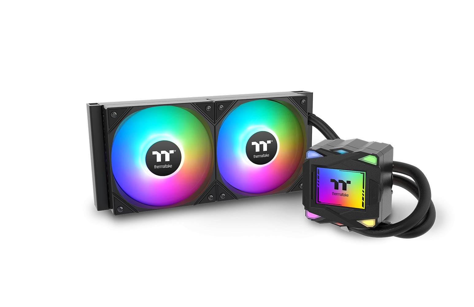 Un dissipatore per PC con due ventole RGB e una pompa nera con display.