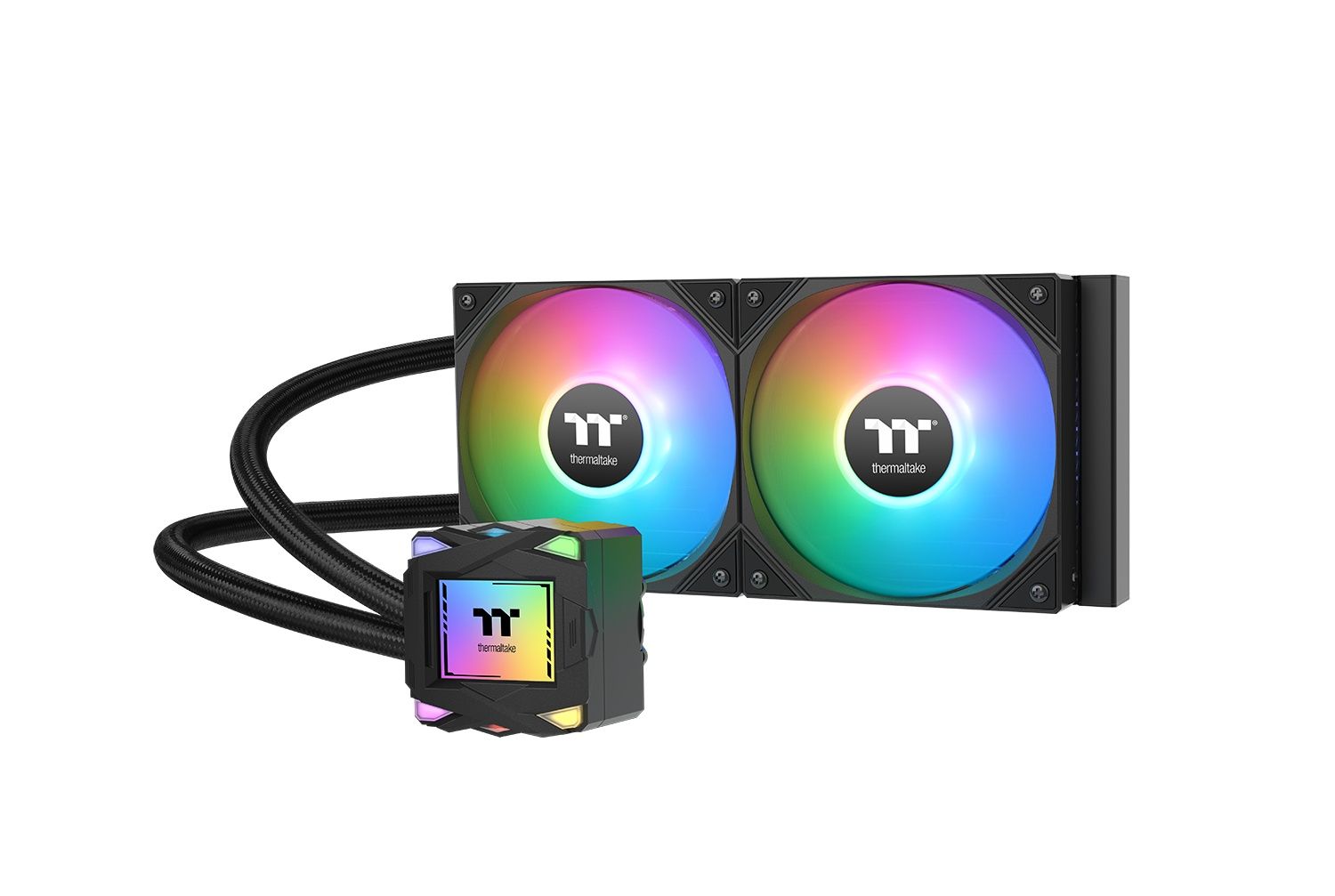 Un dissipatore per CPU con due ventole RGB e una pompa rettangolare con illuminazione RGB.