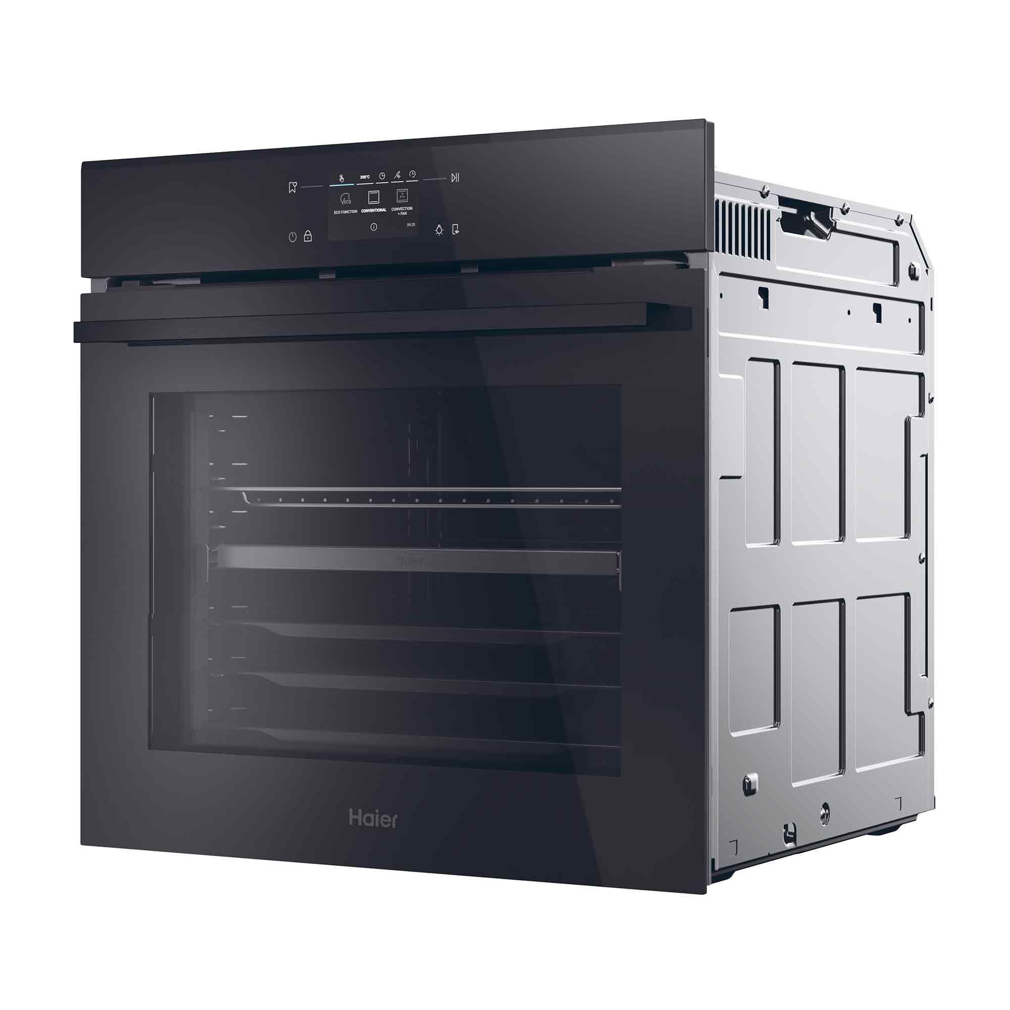 Schwarzer Haier Ofen mit Glasfront und digitalem Display. Metallrückseite.