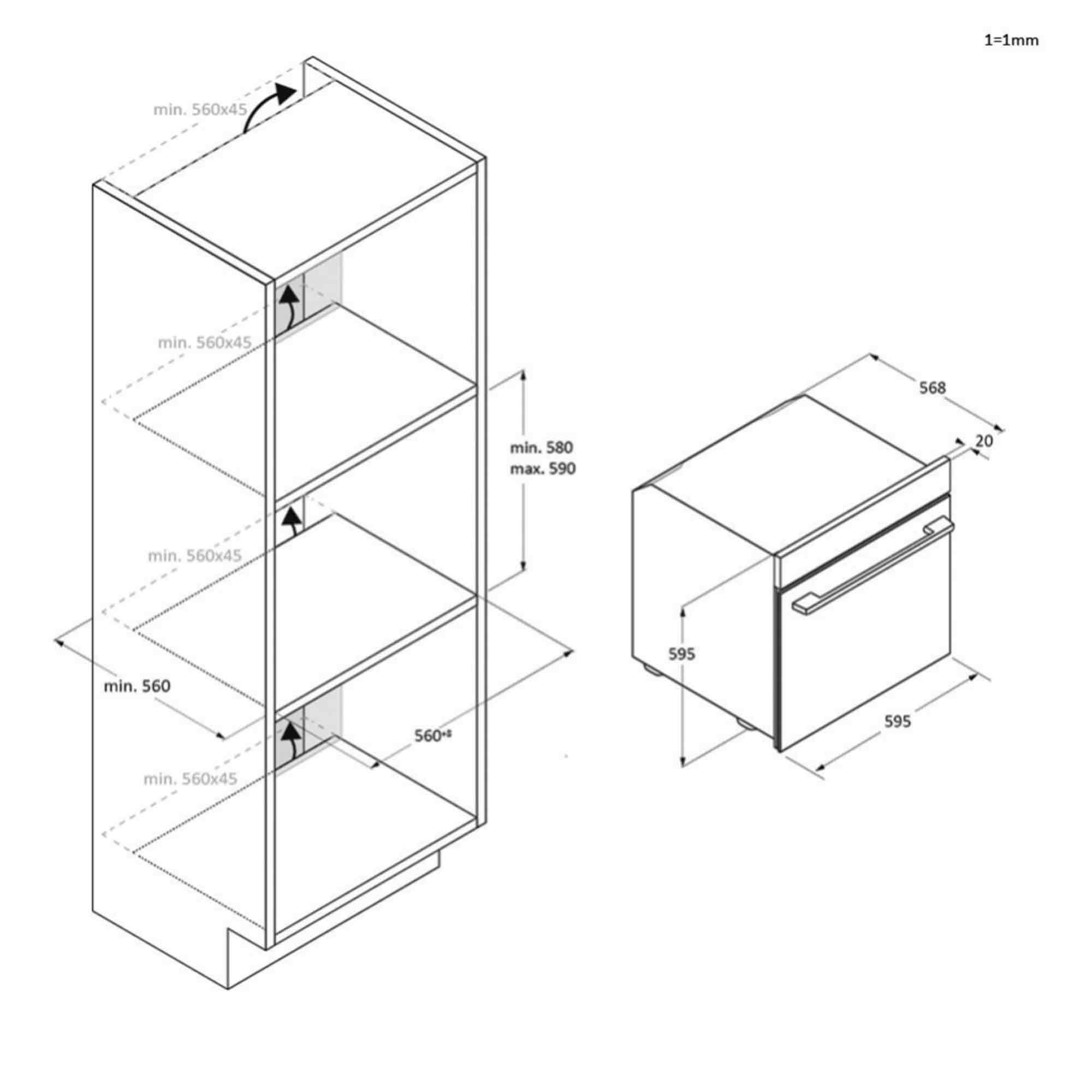 Diagramm zeigt Gerätemaße: Schrank min. 560x45, Gerät 595x595.