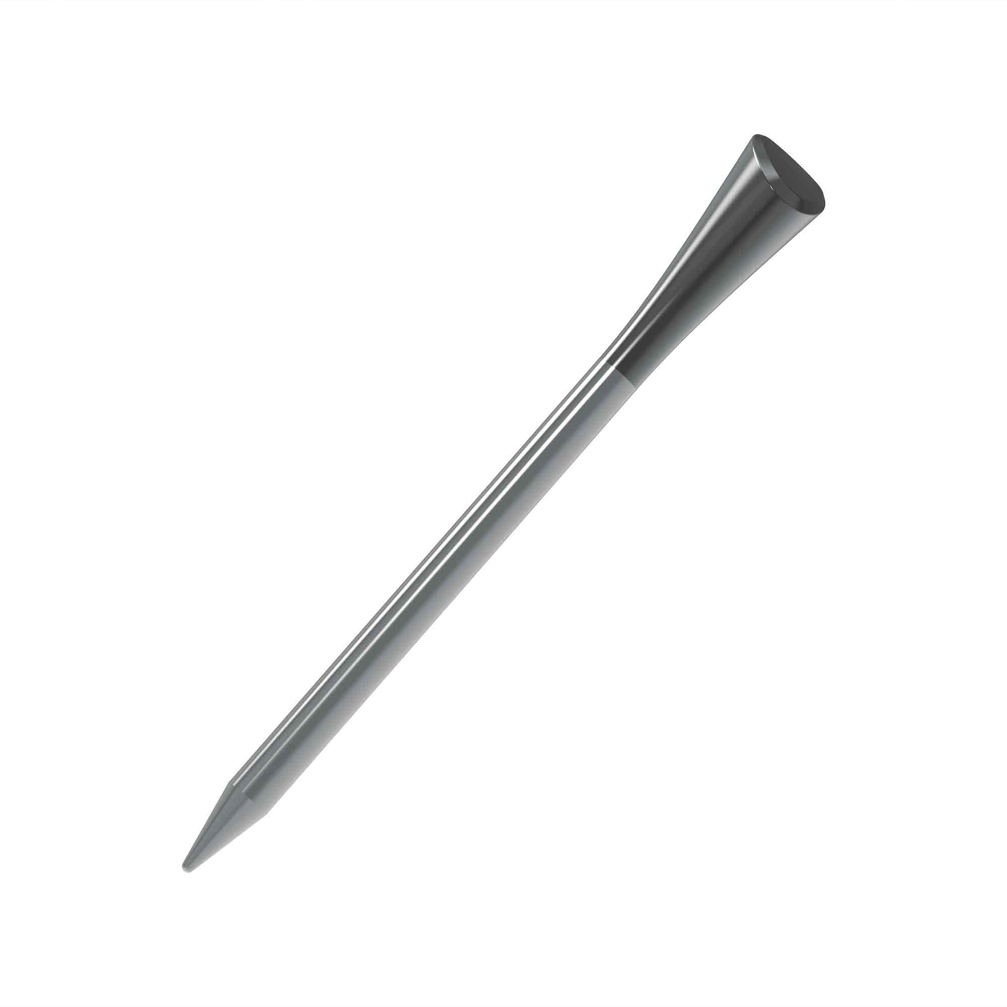 Ein spitz zulaufender, silberner Stift auf weißem Hintergrund.