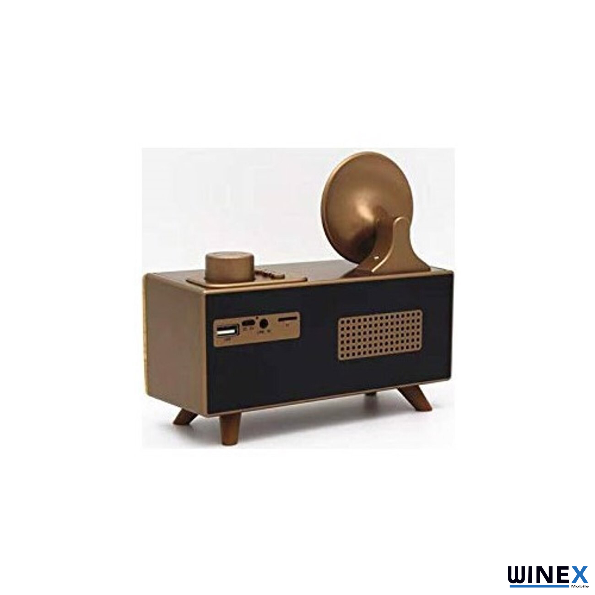 Siyah gövdeli ve altın rengi trompetli retro gramofon tarzı hoparlör.