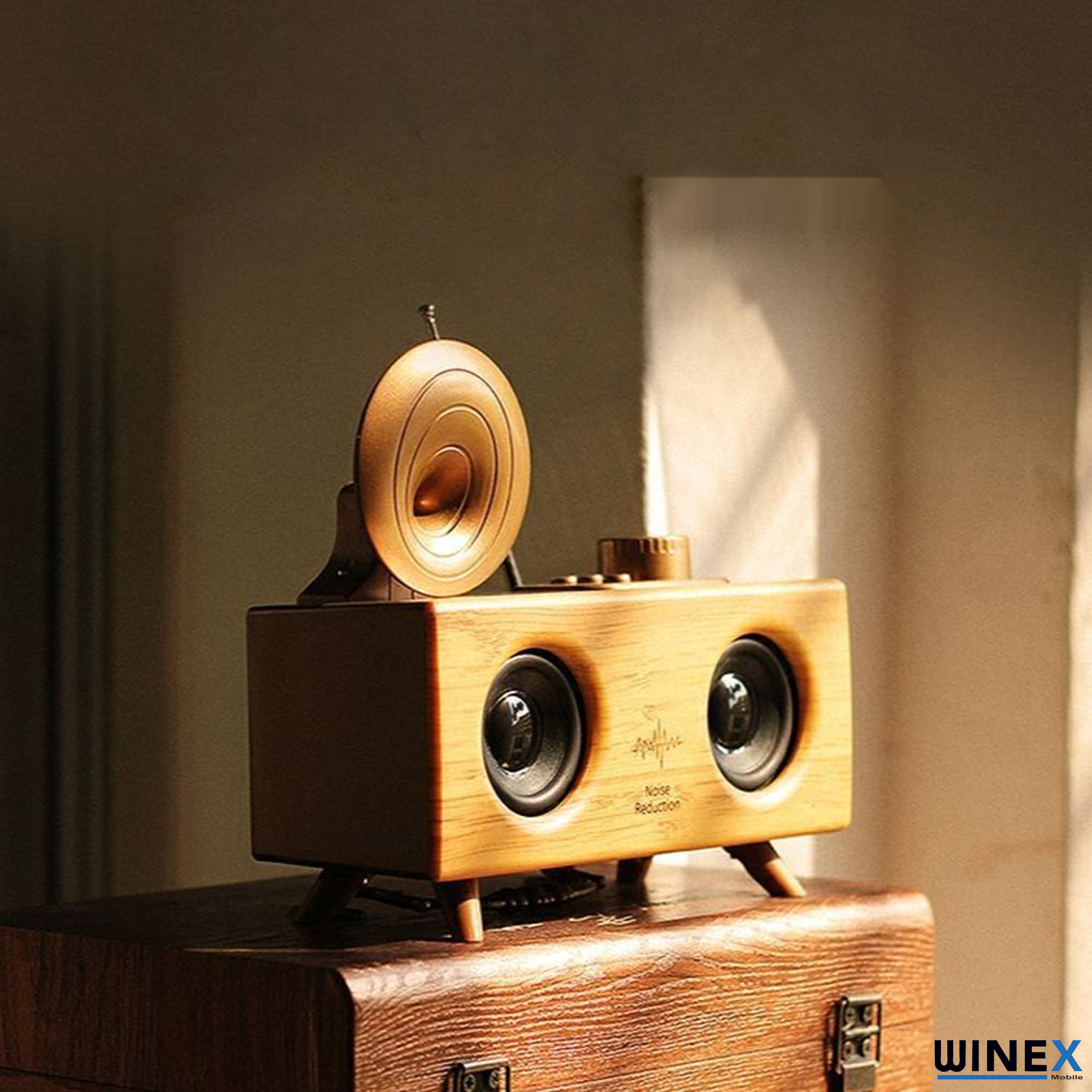 Retro gramofon üstlü ahşap hoparlör ahşap bir kutunun üzerinde duruyor.