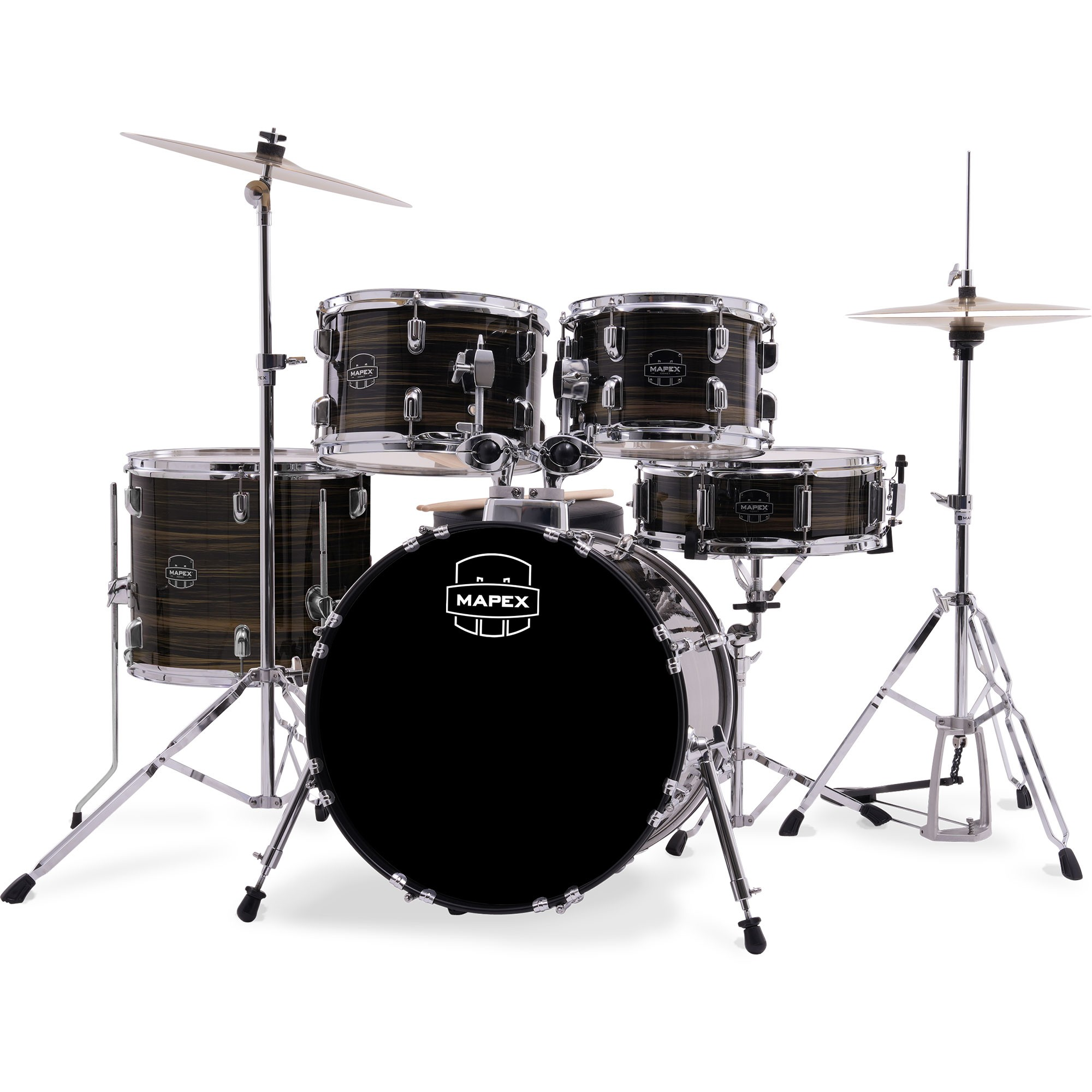 Koyu ahşap ve krom donanımlı Mapex davul seti, zil dahil.