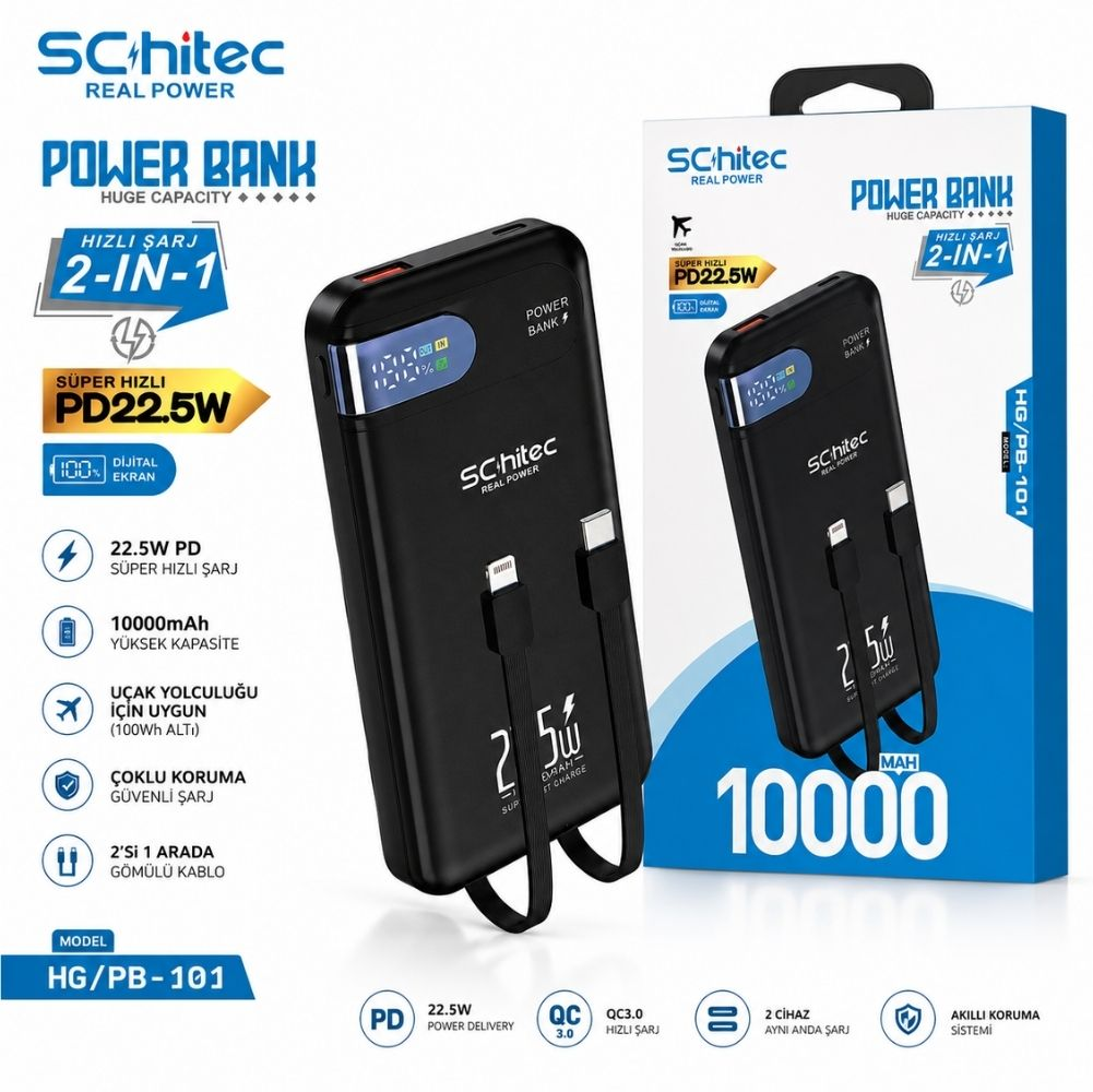 Schitec 10000mAh powerbank, 22.5W PD, siyah, dijital ekran, çift kablo.