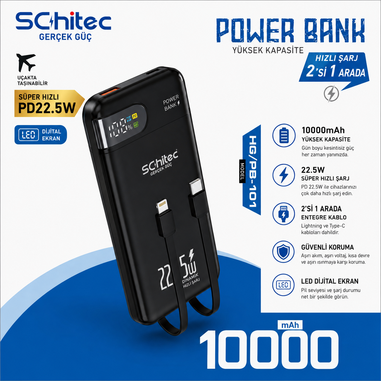 Schitec Powerbank 10000mAh, 22.5W hızlı şarj, entegre kablolar.