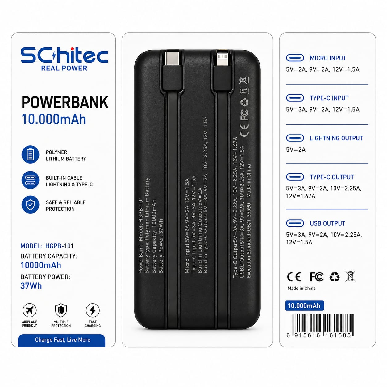 Yerleşik kabloları ve çeşitli giriş/çıkış özelliklerine sahip siyah 10.000 mAh powerbank.