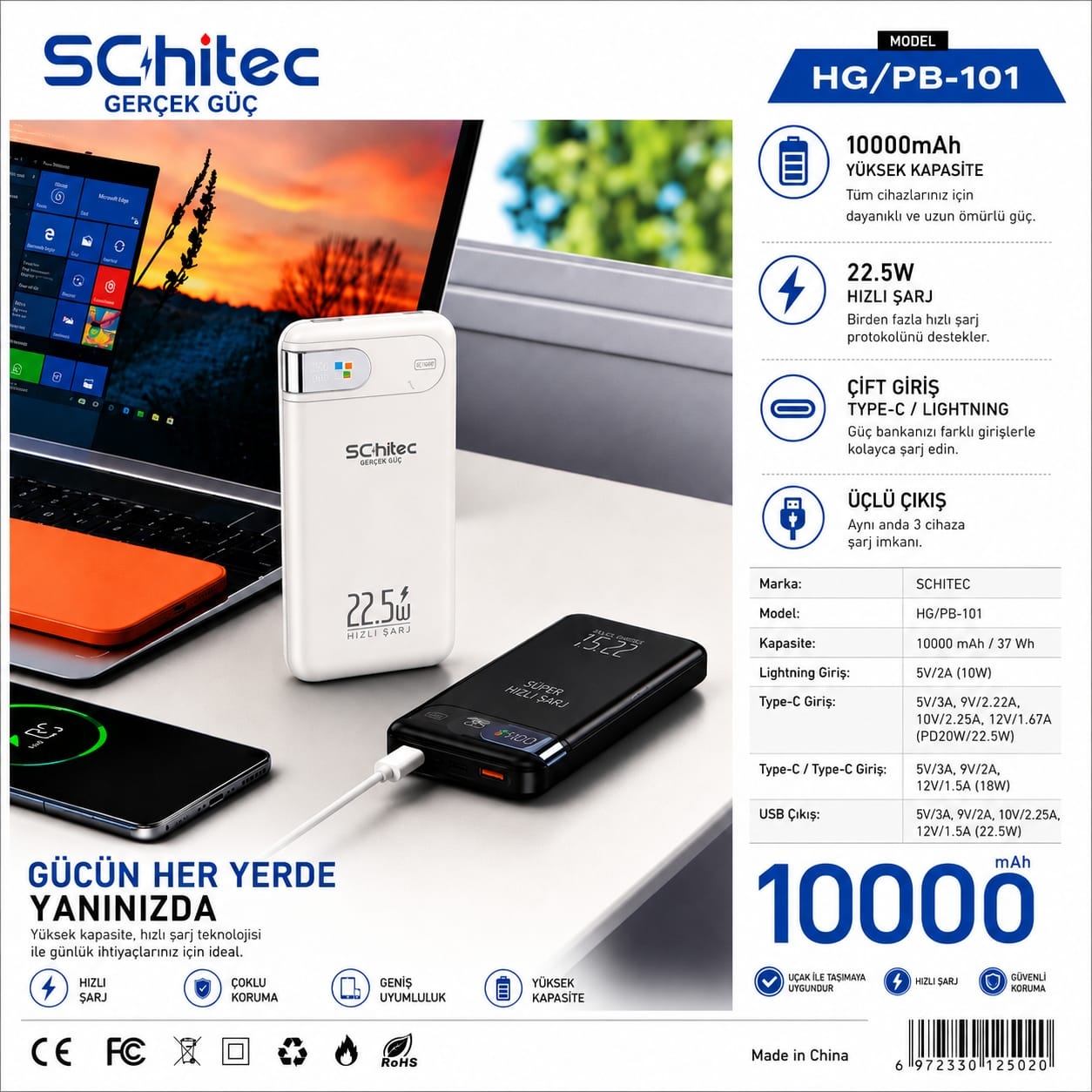 Beyaz bir Schitec powerbank dizüstü bilgisayarın yanında duruyor. Özellikler Türkçe.