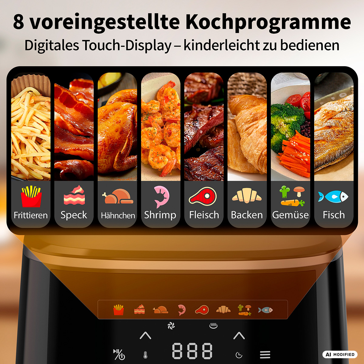 Oberansicht eines digitalen Displays mit 8 Kochprogrammen: Pommes, Speck, Huhn, Shrimps, Fleisch, Backen, Gemüse, Fisch.