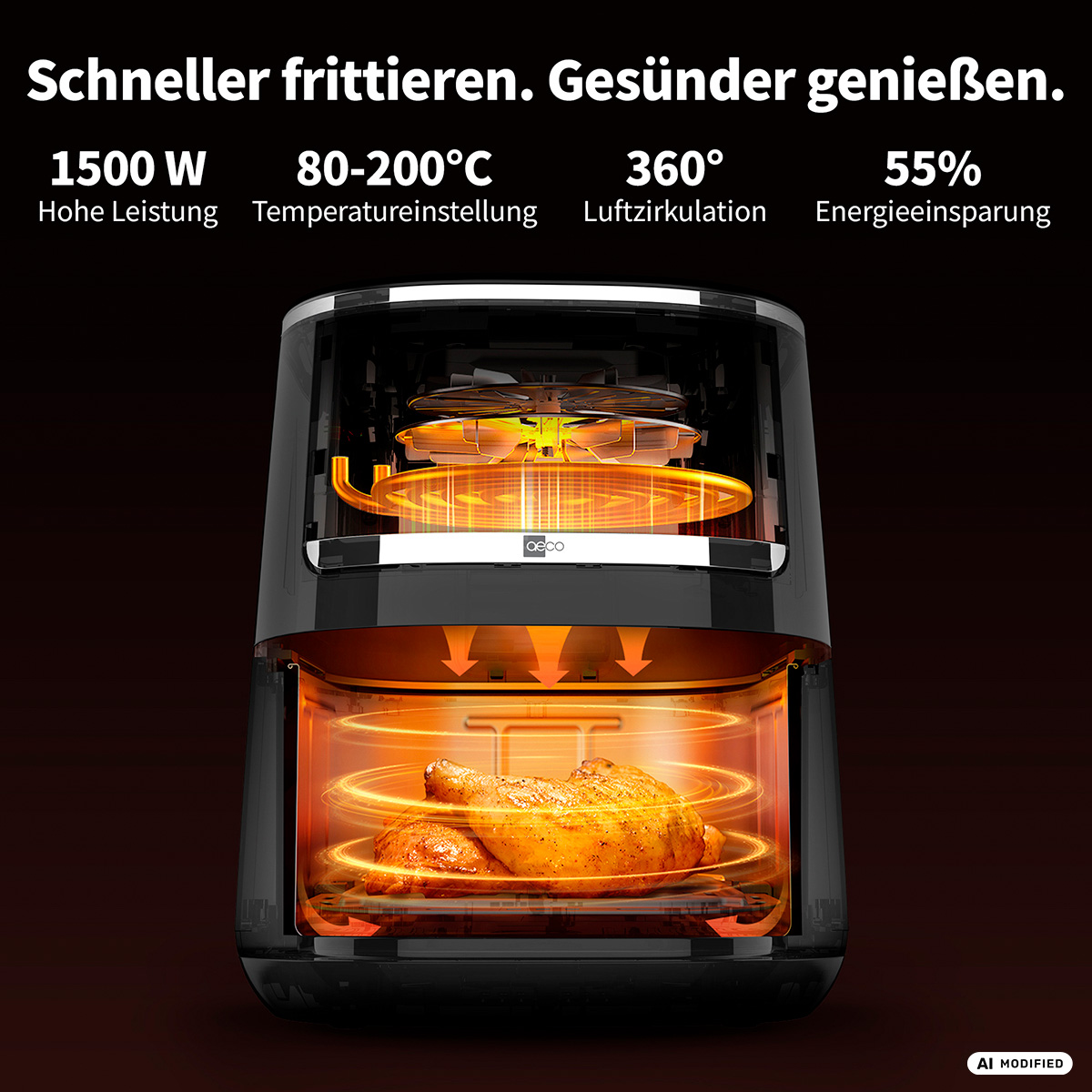 Ein Airfryer mit Hähnchen, der 1500W Leistung, 80-200°C, 360° Luftzirkulation bietet.